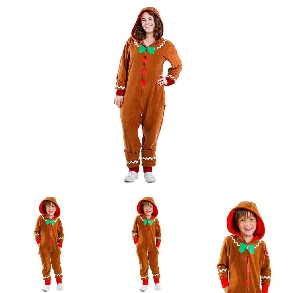 Christmas Gingerbread Man Cosplay Costume Kids Adult Hooded Jumpsuits