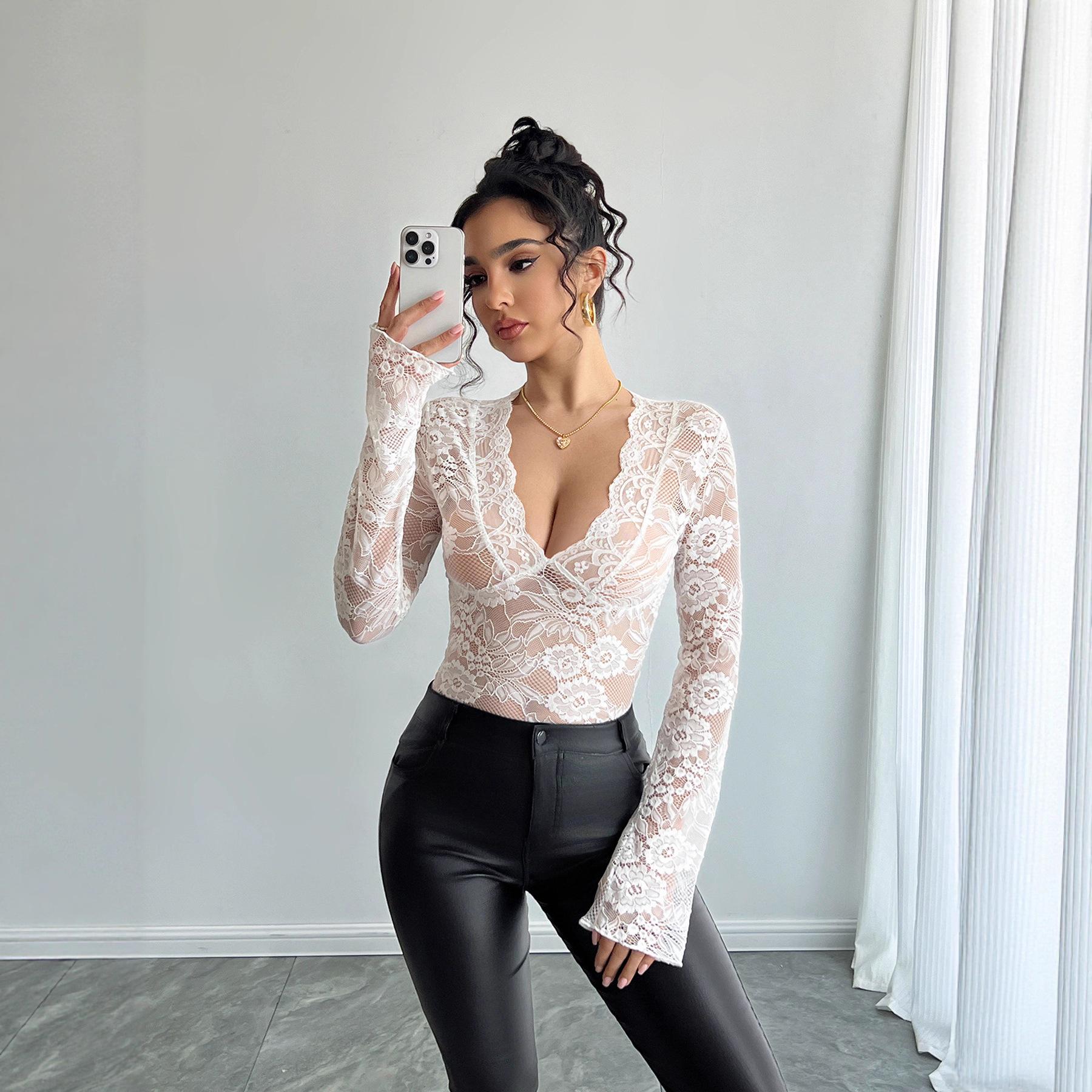 

Spring Women s Solid Sexy Lace Slim Fit V Neck Long Sleeve T Shirt Top Women Fashion Daily Basic Office Lady Casual Slim Fit Ladies Elegant Top S белый