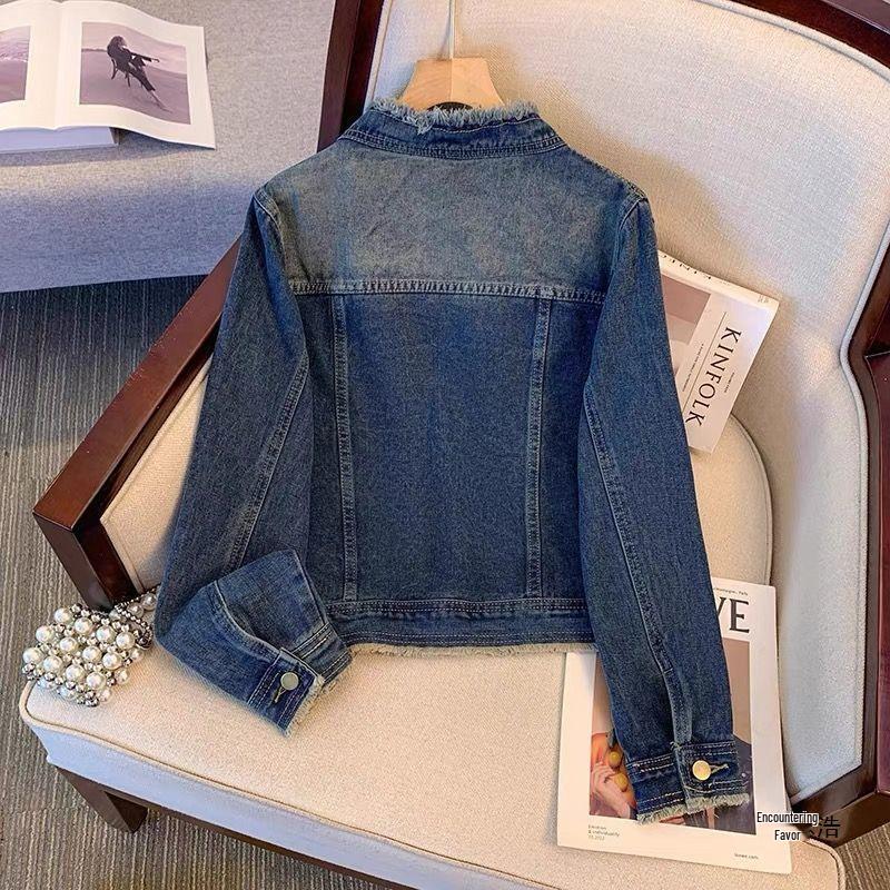 Women's Short Dark Blue Retro Frayed Denim Jacket - Spring/Autumn 2026, New Loose Hong Kong Style