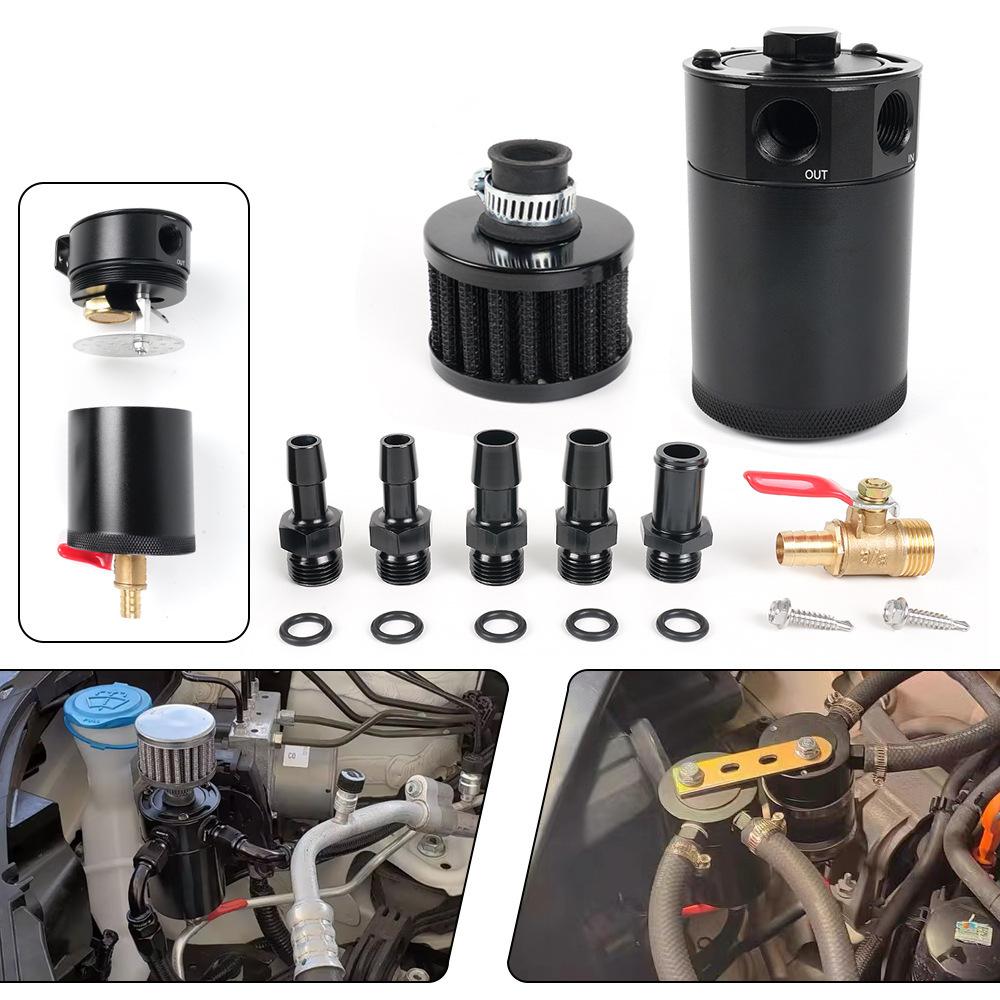 2-Port Billet Aluminum Oil Catch Can with Breather Air Filter, Universal Car Modification Oil Separator