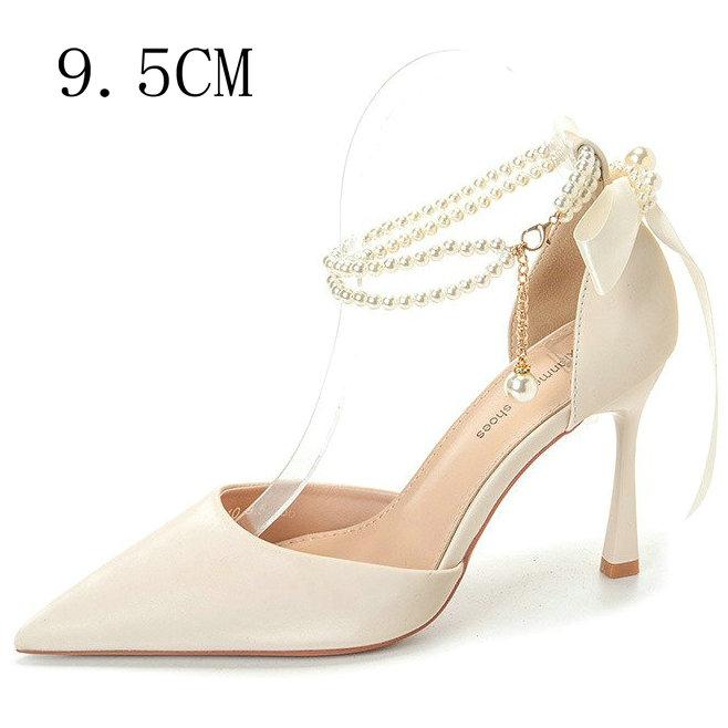 Fashion 2025 New Hollow Head High Heel Sandals Pearl Slim Heels Senior Sense Nude Nightclub Shoes Women
