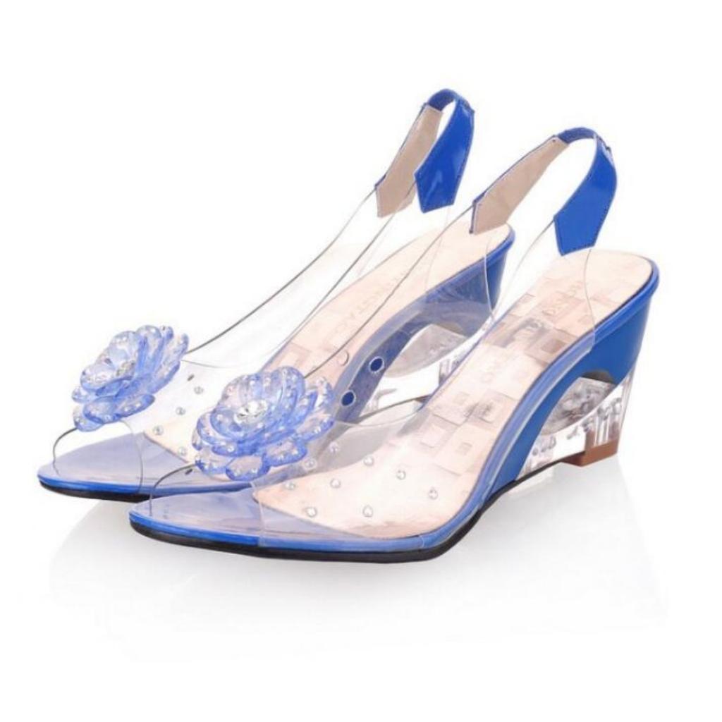 Wedges Sandals Women Summer Sweet Flowers Transparent Open Toe High Heels Sandals Fish Mouth Sandals Plus Size 30-45