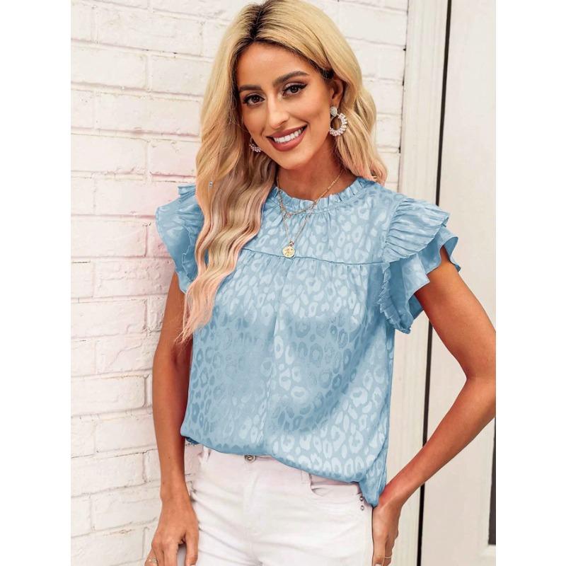 2026 Women's Summer New Trendy Versatile Printed Ruffle Sleeve Wave Collar Women's Top
