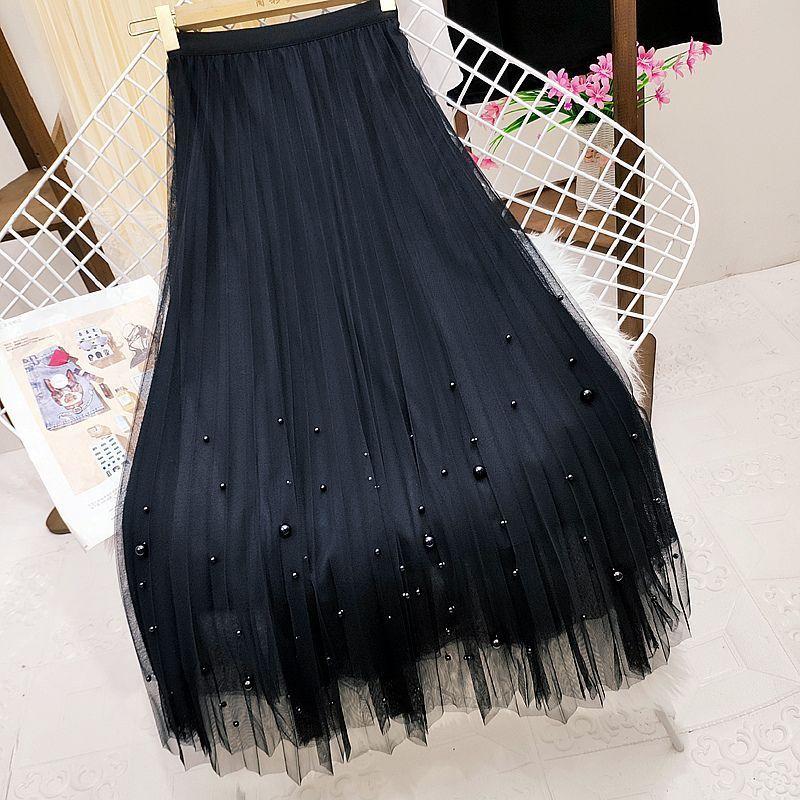 Fashionable Heavy Beading Mesh Skirt Women's High-waisted Maxi A-line Skirts