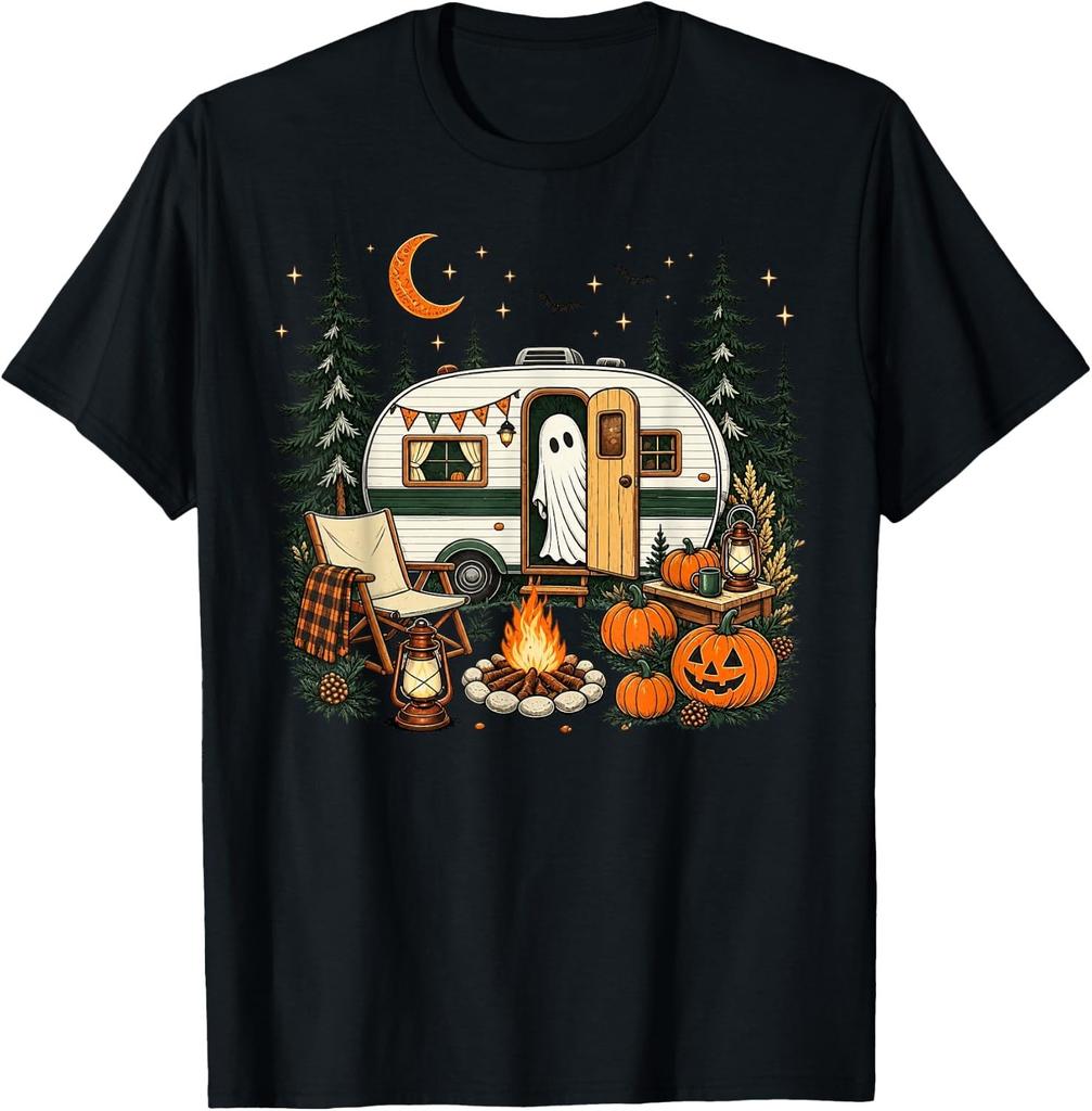 Halloween Ghost Fall RV Camping Autumn Moon Night Funny T-Shirt