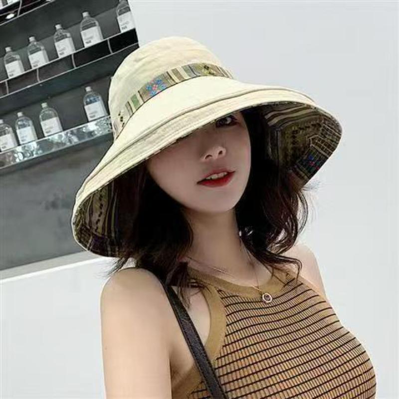 Hat women's summer big edge double-sided sunshade bucket hat Korean version versatile ethnic style travel sun protection Cap
