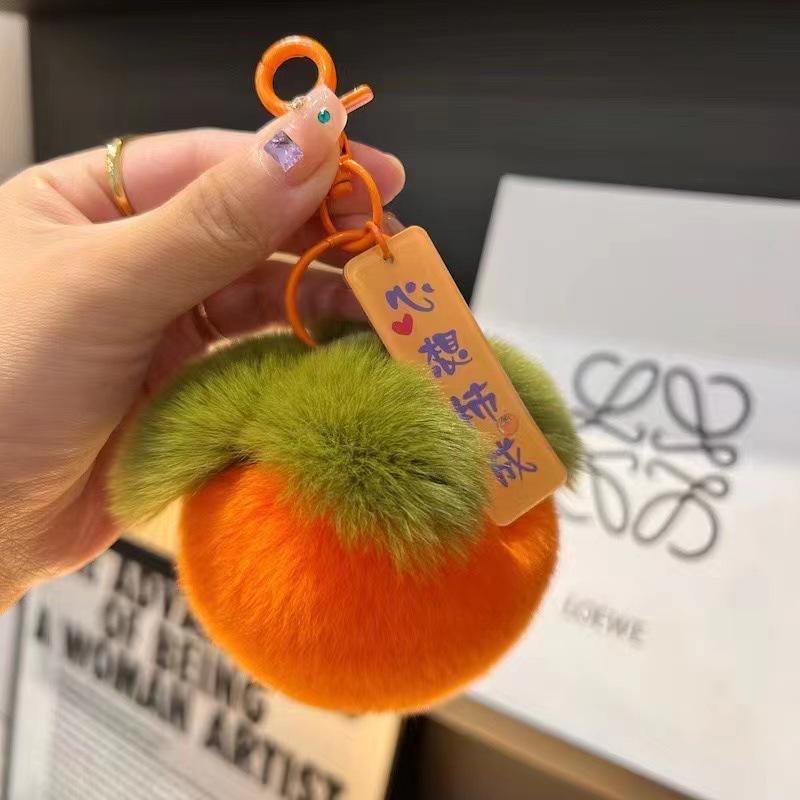 Persimmon Rex Rabbit Fur Keychain Pendant - Plush Good Luck Bag Charm for Couples