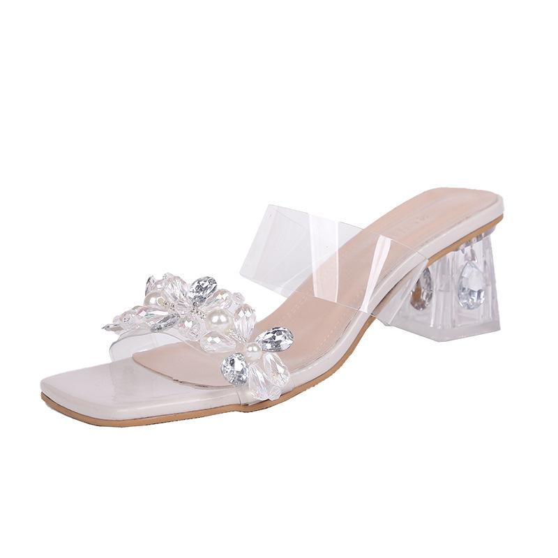 

Transparent crystal diamond-encrusted thick-heeled slippers women s shoes new summer wear rhinestone high-heeled sandals large size 35