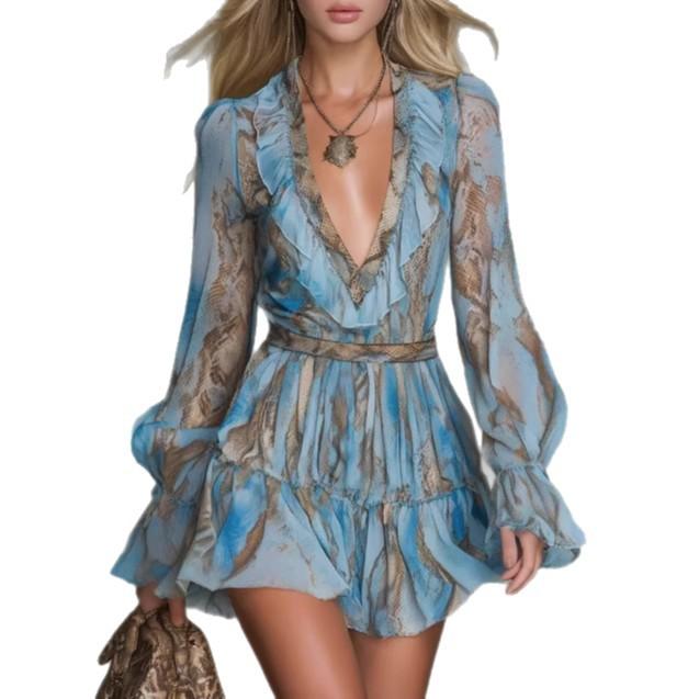 Women's Deep V Neck Tie Waist Ruffle Hem Floral Print Mini Dress Long Sleeve Boho Summer Dress