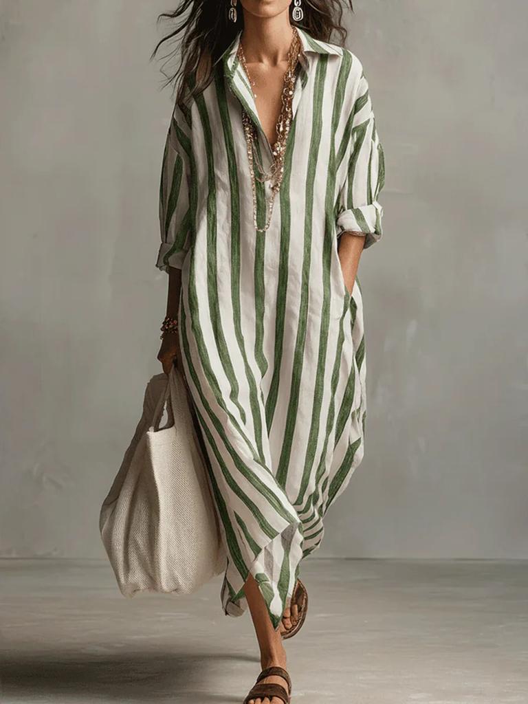 Fashion Loose V-Neck Long Sleeve Striped Summer Blockbuster Nine-Fifth Sleeve Women's Shirt Dress