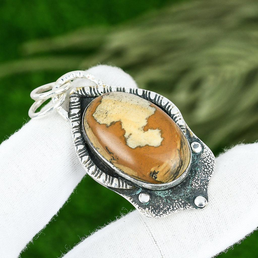 Memorial Day Sale Picture Jasper Stone Bezel Wedding Pendant Jewelry 925 Silver