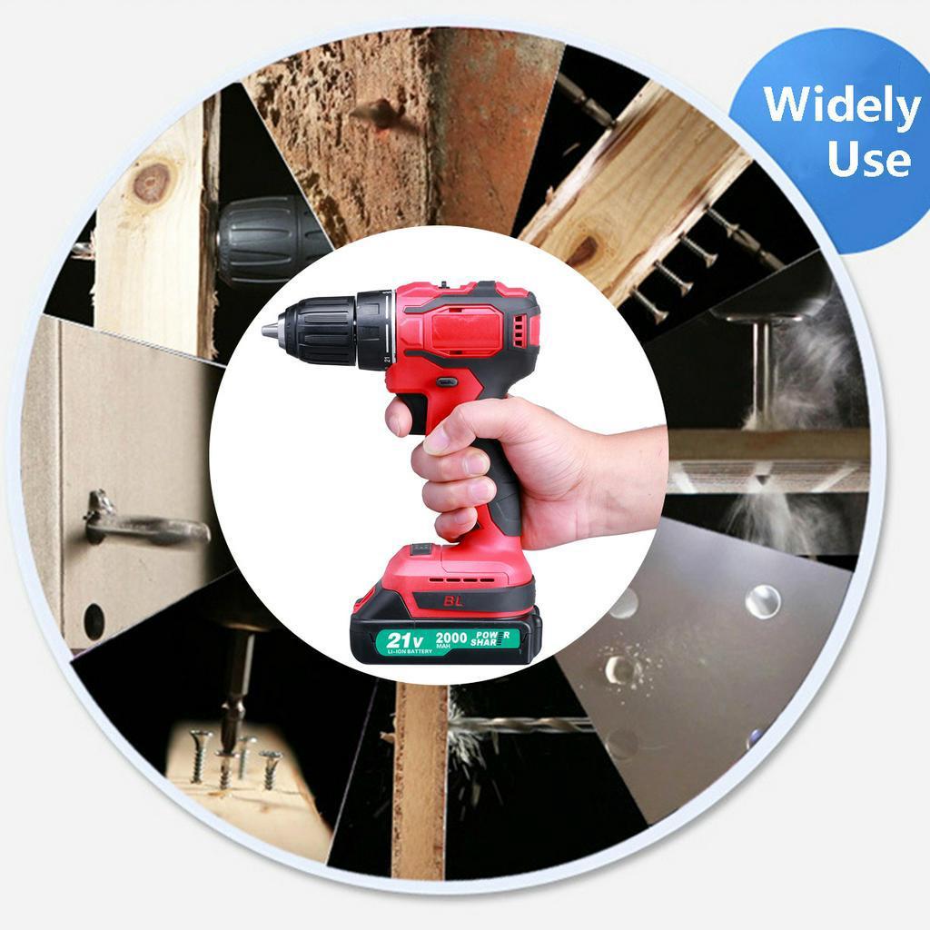 21V Brushless Electric Drill 3/8 Inches Cordless Screwdriver Rechargeable Home Power Tool with 2000mAh Battery & Drill Bit
