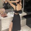 Pure desire style autumn and winter two-piece set, sexy deep hollow backless, hip-wrapped and thin nightgown, modal comfortable nightgown