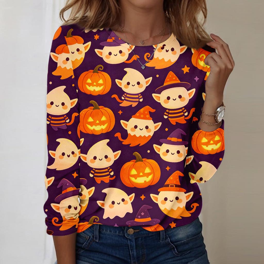 Women's Casual Long Sleeve Pullover Top Halloween Print Round Neck Sweatshirt Comfortable Fit Lightweight Fabric