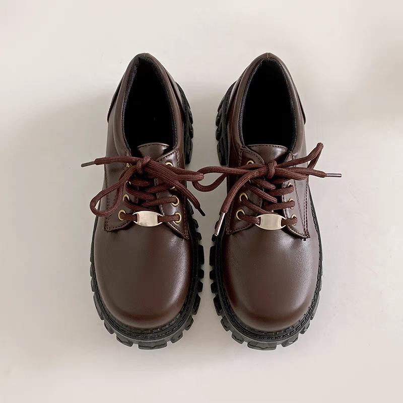 

Маленькие кожаные туфли на шнуровке в стиле колледжа для женской весны, новые японские туфли на платформе-маффине, повседневные кожаные туфли для женщин 40 темно-коричневого