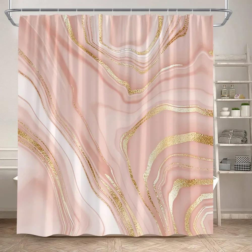 Abstract Pink Marble Shower Curtain Set Gold Textured Modern Geometric Ink Art Bathroom Decor Door Rug Bath Mat Toilet Lid Cover