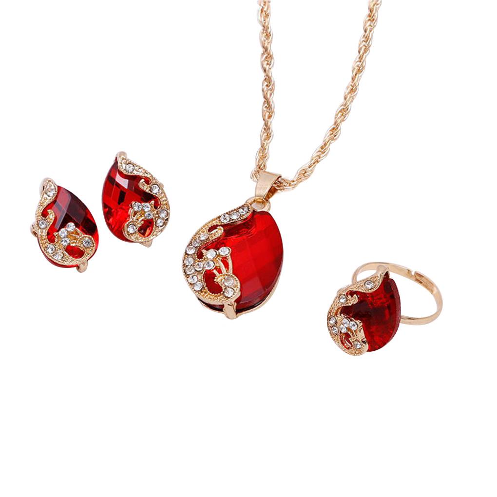 

Vintage Rhinestone Necklace Earrings Jewelry Sets Crystal Water Drop Pendant червоний