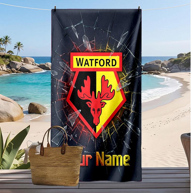 Watford FC Personalized Printed Beach Towel Soccer Logo Support Custom Name Text Absorbent Towel For Sport Travel Special Gift