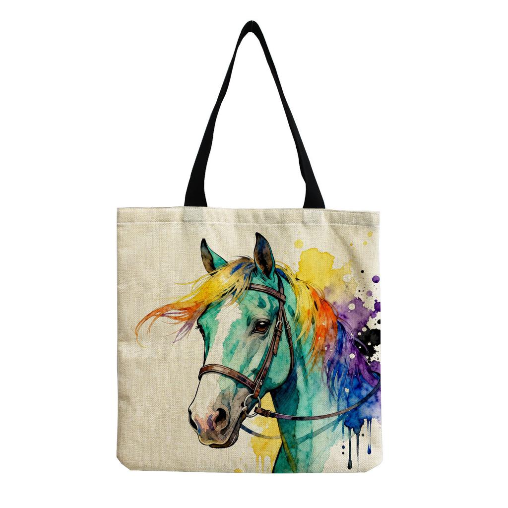 Women Vintage Linen Tote Bag - Large Capacity Horse Print Shoulder Handbag for Casual & Grocery Shopping KTB