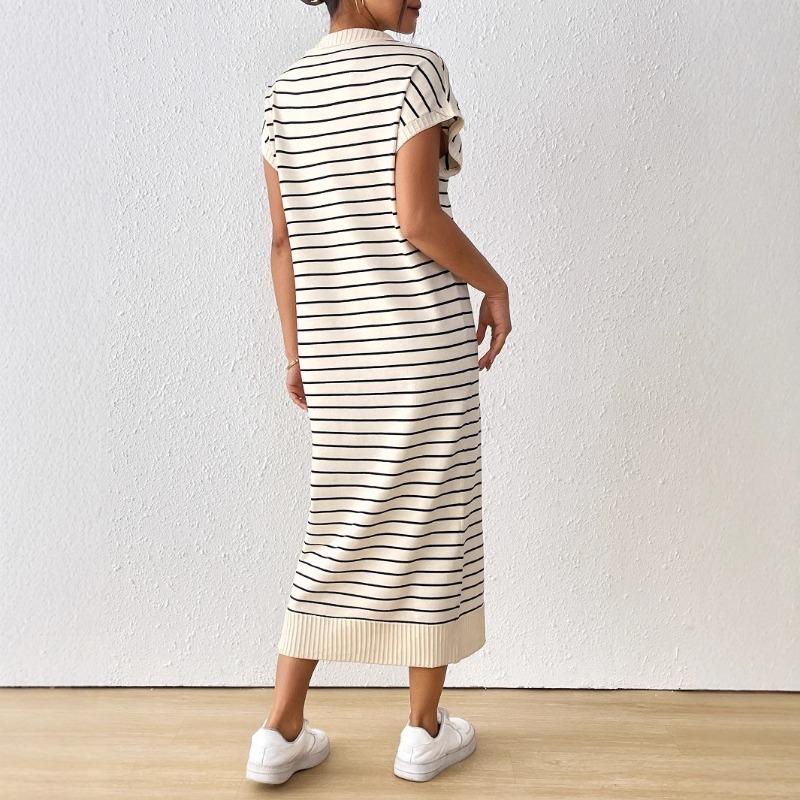 Women's Summer Sexy Knitted Striped V Neck Long Dress