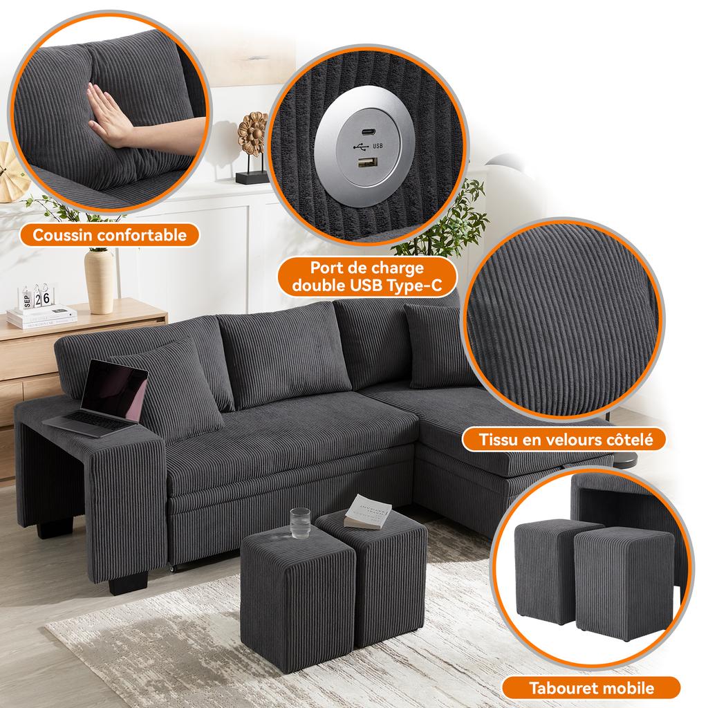 Folding Sofa with Sleep Function, L-Shaped Convertible Corner Sofa with USB Charging Port and Cushions, 3-Seater with Side Shelves and Storage Space