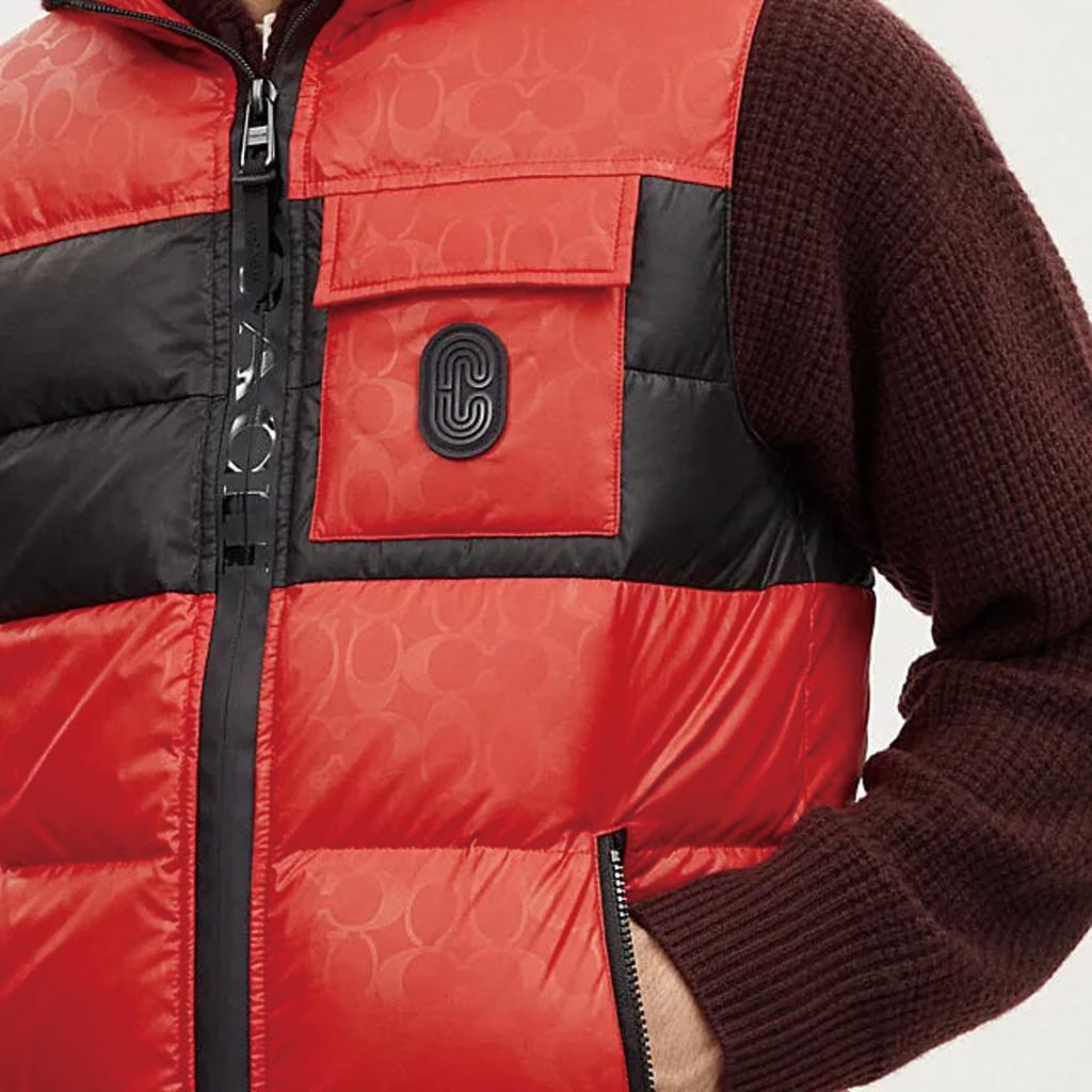 Coach Color Block Stand Collar Zipper Sleeveless Down Jacket Men outerwear Red CL599-RED