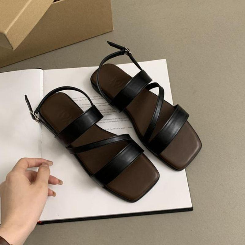 

Модные Comemore Сандалии с открытым носком Женские 2025 Лето Ретро Мягкая плоская подошва Римские туфли Повседневные Квадратный носок Кожаный ремешок Сандалии Женские 35 чёрный