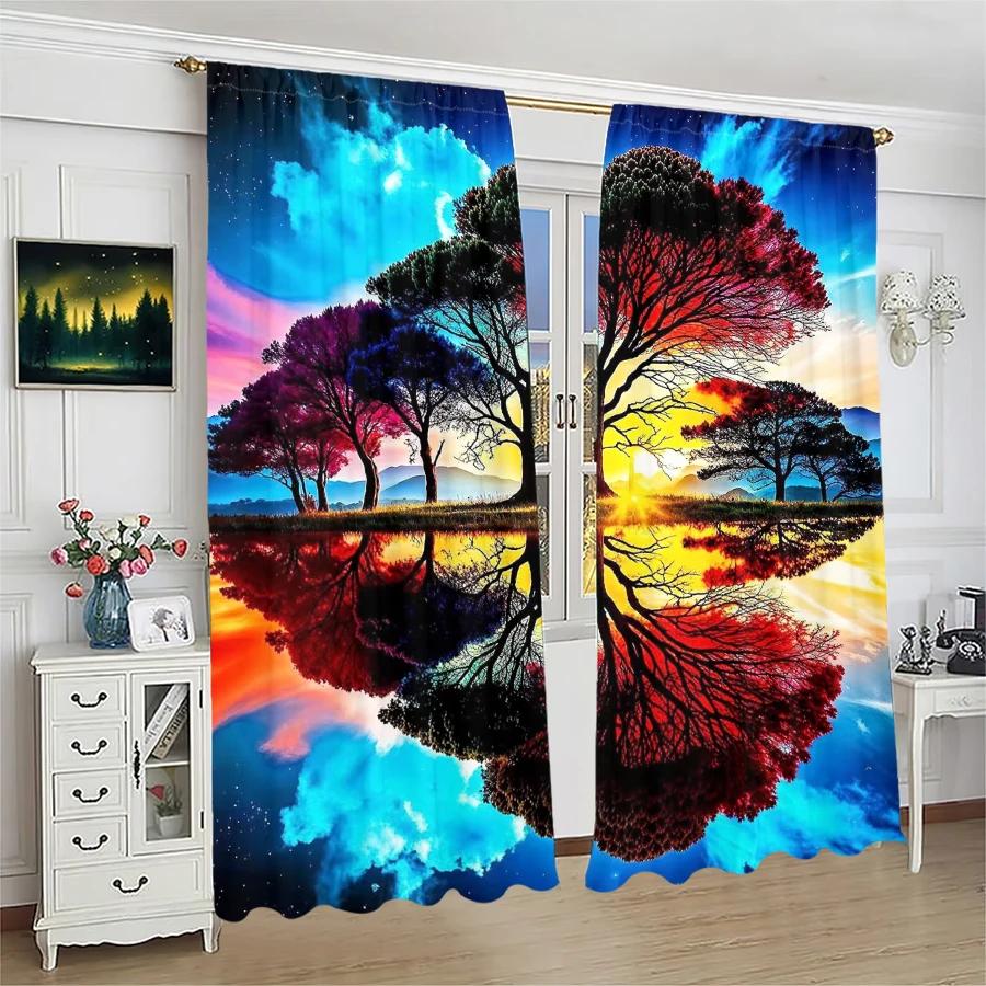 Tree Reflection Pattern Printed Curtains Pole Bag Christmas Decorations Daily Home Room Curtain Made Of Polyester Washable
