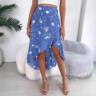 Damen Frühling Sommer Freizeit Blume Asymmetrische Volants Midilanger Rock