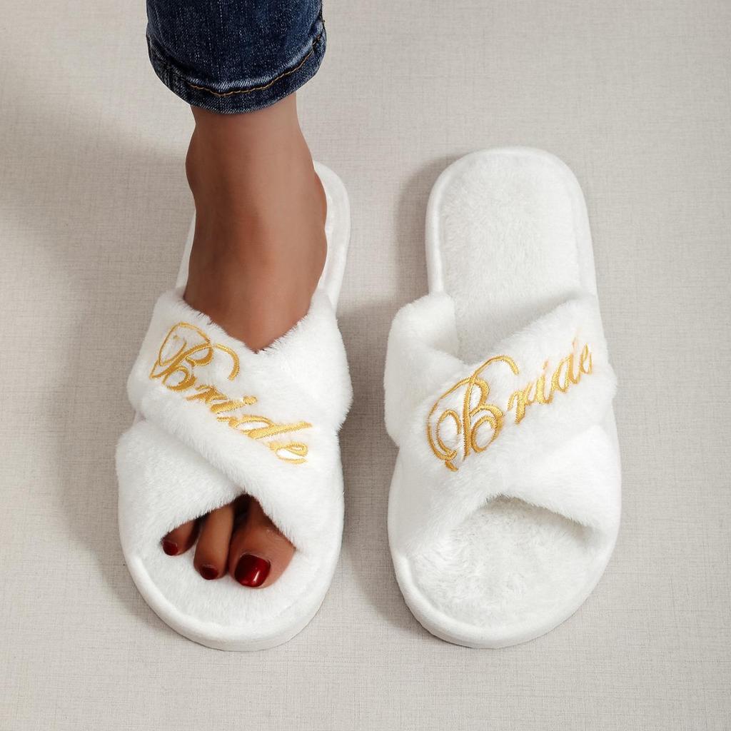 Women's Embroidered Plush Open-Toe Non-Slip Slippers for Indoor Use - Perfect for Spring/Autumn