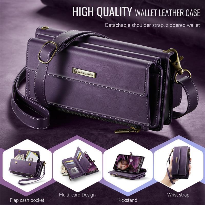 CaseMe Flip Leather Phone Case for iPhone 17 Pro Max Air 16 Plus 16E 15 14 13 Mini 12 11 X XS XR SE 2022 8 Long Lanyard Zipper Wallet Multi Card Cover