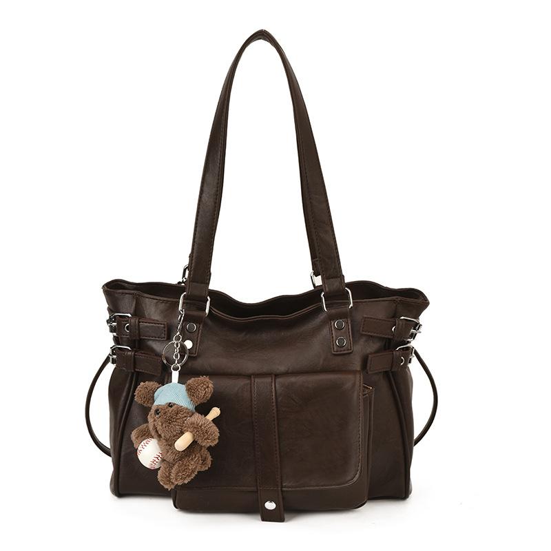 Vintage Tote Bag Women Luxury Belt Buckle Design Multipockets Shoulder Crossbody Bag Large Capacity Casual Handbag With Pendant