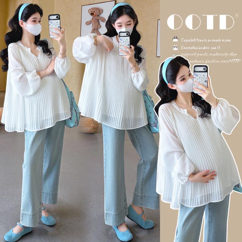 Spring 2026 V-neck Maternity Chiffon Shirt - Elegant, Loose Fit, Plus Size, Belly Covering, Pleated Design 2XL