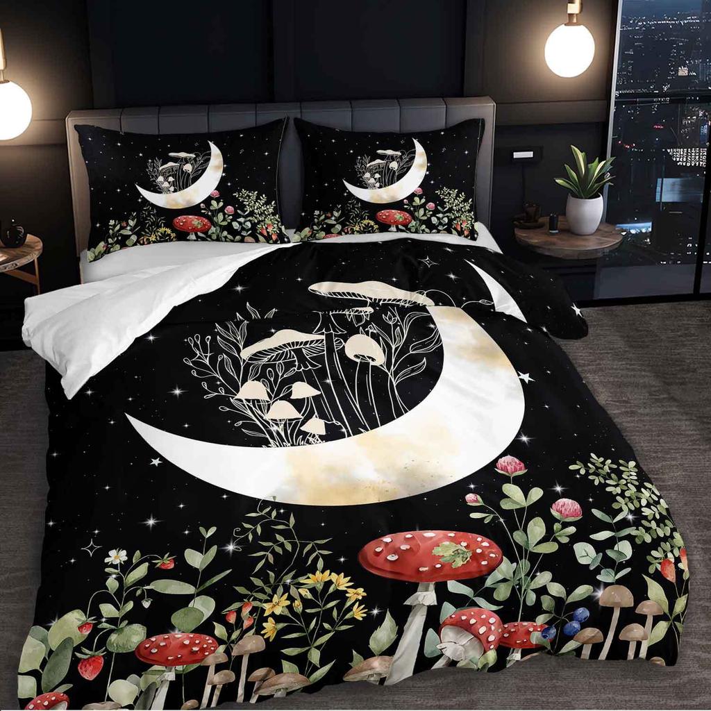 3-teiliges Mond- und Pilz-Bettwäsche-Set Böhmisches Nachtgarten-Muster Florales Thema Bettbezug-Set Dunkle Ästhetik Schlafzimmer-Dekor