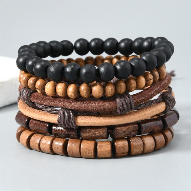 5Pcs Handmade Multilayer Elastic Cord Bracelet Coconut Shell Wood Beads Bangle Adjustable Retro Jewelry Gift