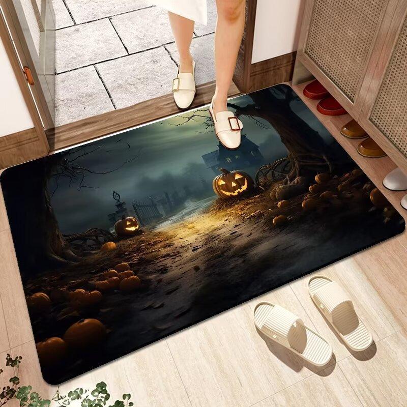 Spooky Halloween Cartoon Non-Slip Soft Washable Indoor Carpet Rug Door Mat - Pumpkin Ghost Black Cat Bat Festive Home Decoration