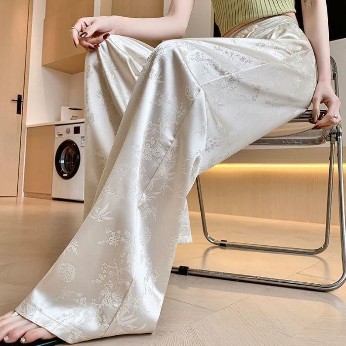 Chinese Style Folding Satin Jacquard Wide-leg Pants for Women In Spring and Summer New High-waisted Slimming Drooping Casual Floor Pants