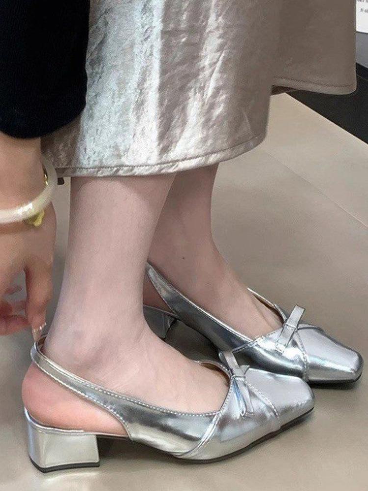 French Evening Breeze Gentle Bow Square Head Bag Head Sandals Women's Summer Outer Wear Empty Short Heel Thick Heel