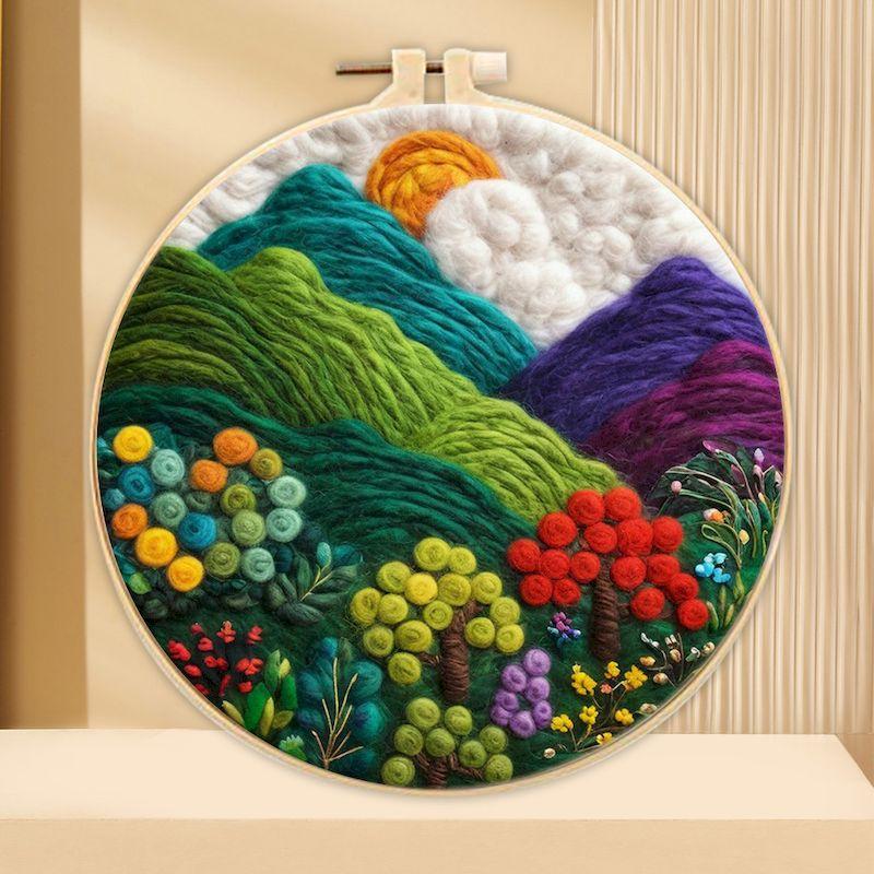 CHENISTORY Wool Felt Painting Diy Creative Making Wool Felt Kit With Embroidery Colorful Scenery Needle Wool Painting Complete K
