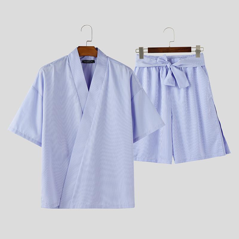 INCERUN Two Piece Suit Summer Men Short Sleeve Front Cross Shirts Bandage Pants Outfits Sets