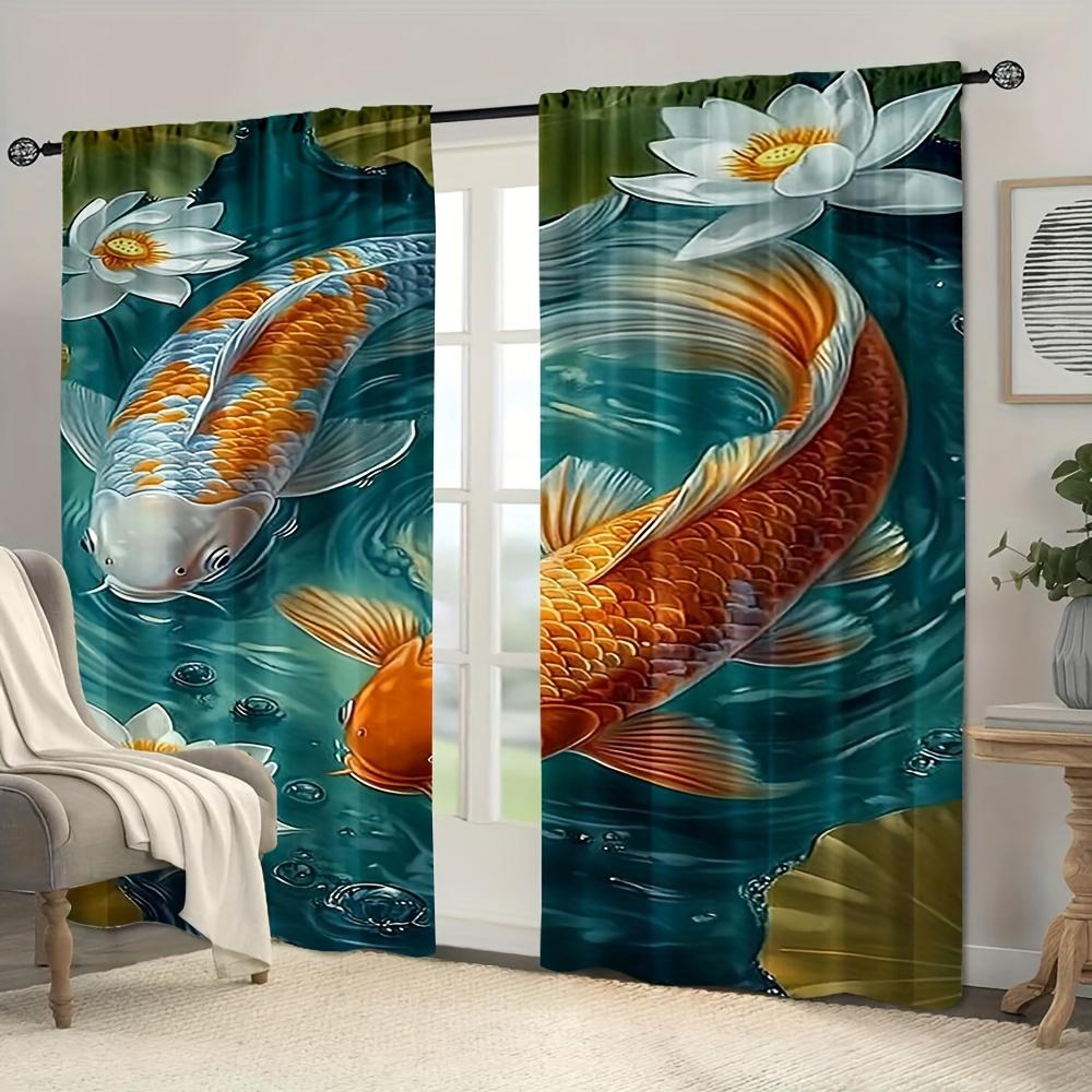 2pcs   African wild animal curtains. 29.53in×65.35in   41.34in×90.55in   51.18in×82.68in Green pond_ lotus goldfish pattern   100% P