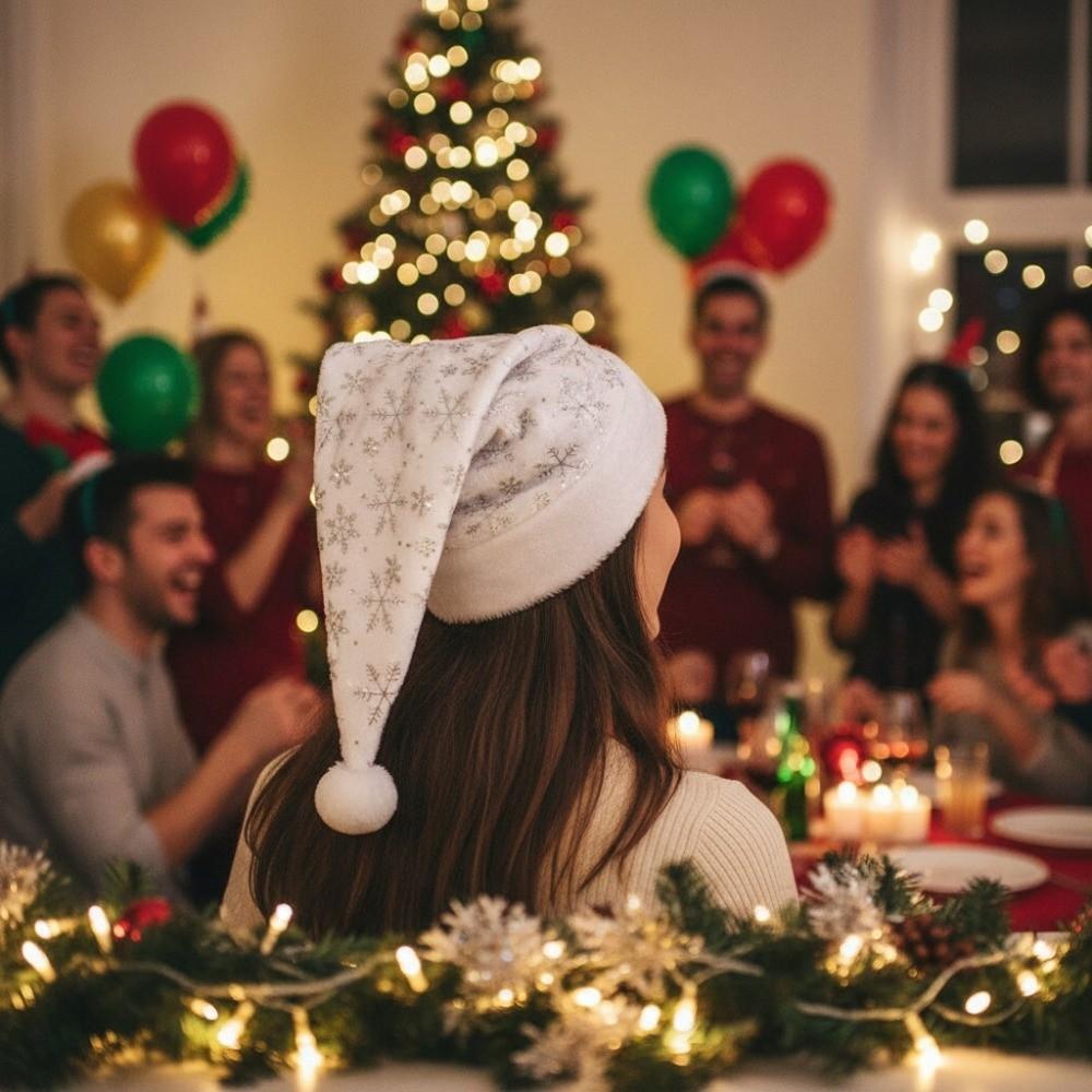 Glitter White Plush Christmas Hat Gold/Silver Foil Snowflakes/Stars Xmas Party Hat  Winter