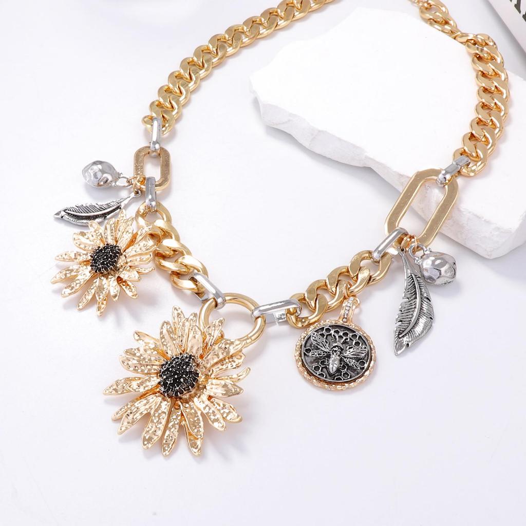 Summer Sunflowers Necklace - Layered Floral Necklace | Boho Style | Two-Tone Plating