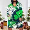 Women Plus Size V Neck Long Sleeve Shamrock Printed Dark Green Fitted Straight Dress