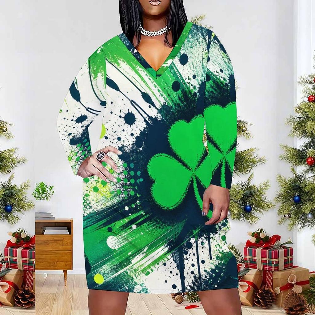 Women Plus Size V Neck Long Sleeve Shamrock Printed Dark Green Fitted Straight Dress