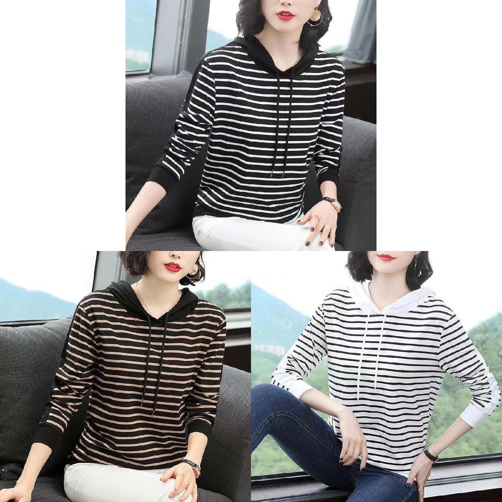 Mid Autumn Season Striped Hoodie T Shirt For Women With Patching And Loose Fit
