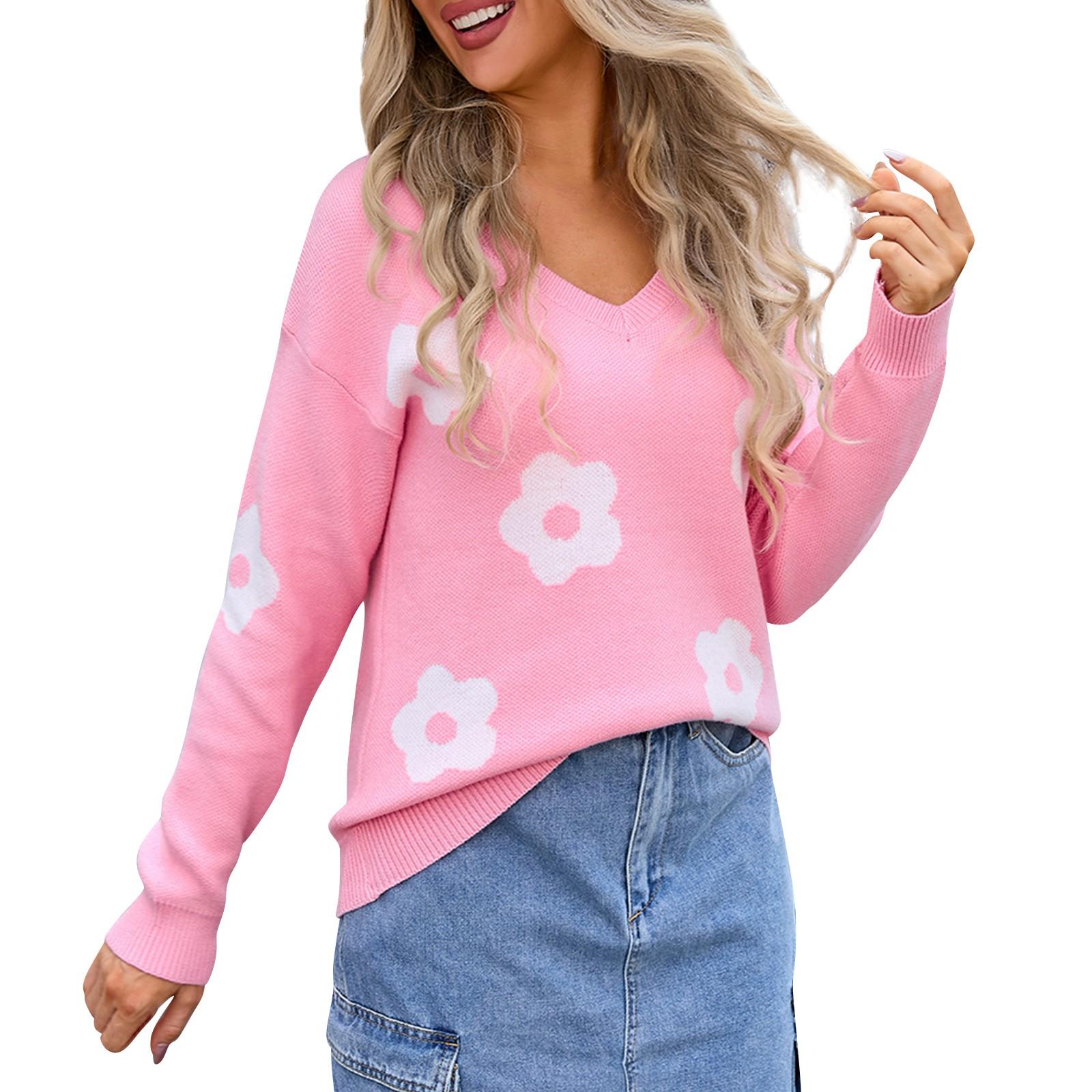 

Женский повседневный модный удобный пуловер с v-образным вырезом контрастного цвета с цветочным принтом и длинным рукавом уличный тренд вязаный свитер M розовый