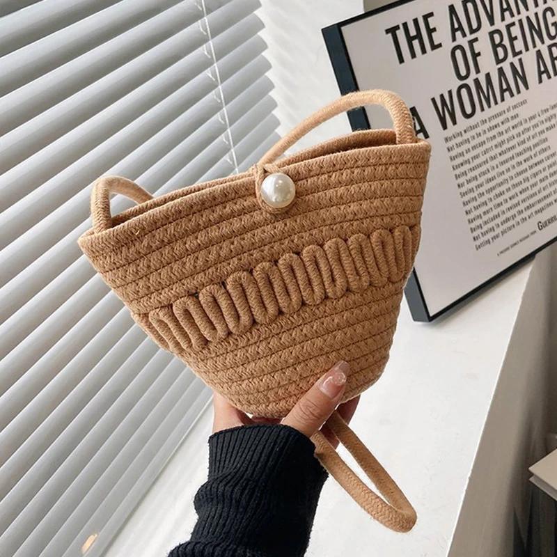 New Casual Cotton Woven Women Handbag Small Weaving Shelll Summer Beach Bag Shopper Tote Ladies Travel Shoulder Crossbody Bags