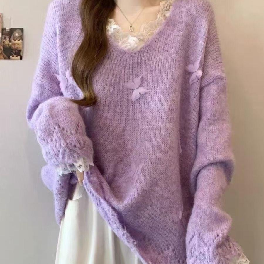 Lila Spitze Schmetterling Strickware: Dreidimensionaler lockerer schlankmachender Damenpullover für Herbst/Winter