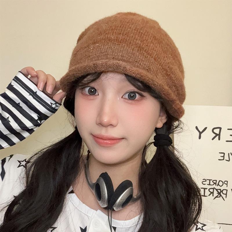 Grey Crimped Knitted Wool Hat Women's Autumn and Winter Face Small Pile Hat Big Head Circumference Ear Protection Warm Pullover Couple Hat